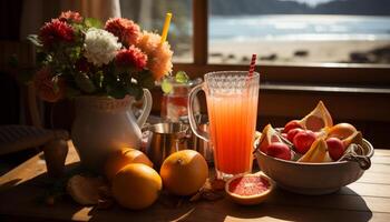 ai generado frescura de naturaleza en un de madera mesa, naranja bebida vaso generado por ai foto