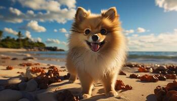 AI generated Cute puppy playing on the sandy beach generated by AI photo