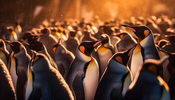 AI generated Penguins waddling in a row on snowy arctic coastline generated by AI photo