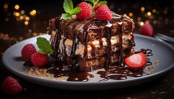 AI generated A gourmet dessert plate with chocolate cake, raspberry sauce, and whipped cream generated by AI photo