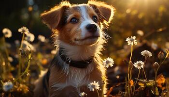 AI generated Cute puppy sitting in meadow, enjoying nature generated by AI photo