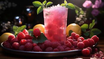 AI generated Fresh raspberry mojito, a refreshing summer cocktail with mint leaf generated by AI photo