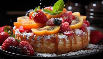 AI generated Freshness and sweetness in a gourmet dessert with raspberry and strawberry generated by AI photo