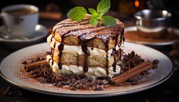 AI generated Gourmet dessert chocolate slice on a fresh plate with whipped cream generated by AI photo