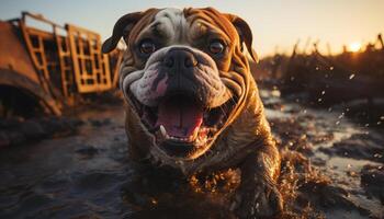 AI generated Cute bulldog puppy playing in the summer heat generated by AI photo