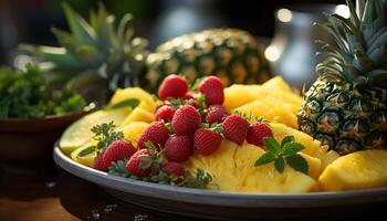 AI generated Freshness and sweetness of summer pineapple, strawberry, raspberry, melon, citrus fruit generated by AI photo