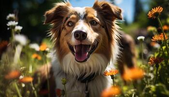 ai generado linda perrito sentado en césped, mirando a cámara generado por ai foto