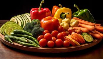 ai generado frescura de orgánico vegetales en de madera mesa, sano comiendo variación generado por ai foto