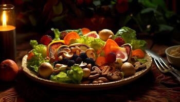 AI generated Freshness and variety on a wooden table healthy vegetarian meal generated by AI photo