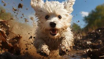 ai generado linda perrito correr, salpicaduras agua, juguetón y mojado generado por ai foto