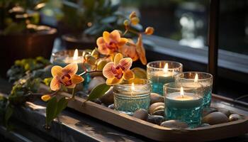 AI generated Candle flame flickers, nature tranquility, orchid beauty, pampering relaxation generated by AI photo