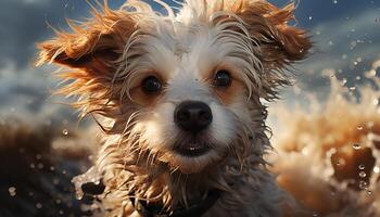 AI generated Cute puppy outdoors, wet and playful in water generated by AI photo