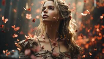 ai generado sonriente joven mujer disfrutando otoño belleza generado por ai foto