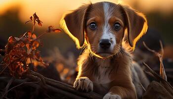 AI generated Cute puppy sitting in grass, looking at sunset generated by AI photo