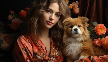 AI generated Cute dog and woman smiling, embracing purebred puppy generated by AI photo