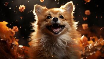 AI generated Cute puppy sitting in autumn forest, looking playful generated by AI photo