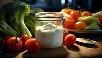 AI generated Fresh, organic tomato salad on wooden table, a healthy gourmet meal generated by AI photo