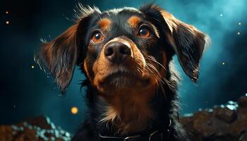 AI generated Cute puppy looking at camera, wet fur generated by AI photo