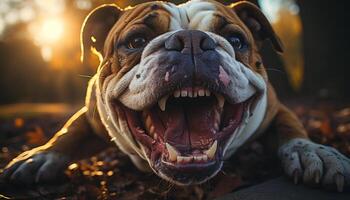 AI generated Cute bulldog puppy playing outdoors in the grass generated by AI photo