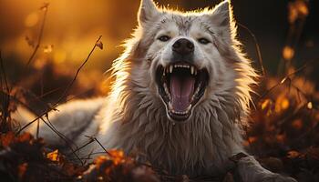 ai generado linda perrito sentado al aire libre, lengua afuera, disfrutando naturaleza generado por ai foto