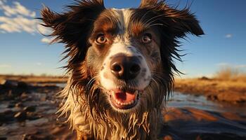 ai generado linda perrito jugando en agua, lealtad y divertido generado por ai foto