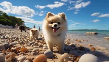 AI generated Cute puppy playing on the beach in summer generated by AI photo