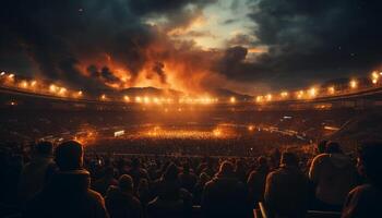 ai generado Noche multitud celebra música festival debajo dramático cielo generado por ai foto