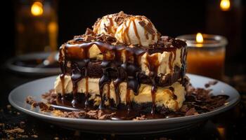 ai generado indulgente gastrónomo postre oscuro chocolate pastel con azotado crema y Dulce de azúcar generado por ai foto