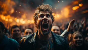 ai generado joven adultos gritando en emoción a rock concierto generado por ai foto