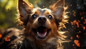 ai generado linda perrito jugando en el mojado césped generado por ai foto