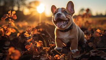 AI generated Cute bulldog puppy playing in the autumn forest generated by AI photo