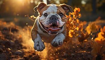 AI generated Cute bulldog puppy playing in autumn nature generated by AI photo