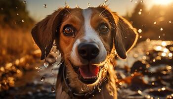 ai generado linda perrito sentado al aire libre, mirando a cámara generado por ai foto