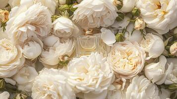 Perfume bottle in flowers, fragrance on blooming background, floral scent and cosmetic product photo