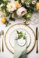 AI generated Floral wedding table decor, holiday tablescape and dinner table setting, formal event decoration for wedding reception, family celebration, English country and home styling photo