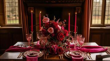 ai generado san valentin día paisaje de mesa y mesa decoración, romántico mesa ajuste con flores, formal cena y fecha, hermosa cuchillería y vajilla foto