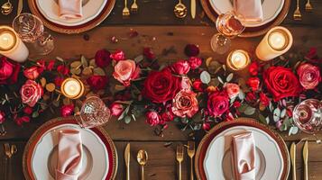 ai generado san valentin día paisaje de mesa y mesa decoración, romántico mesa ajuste con flores, formal cena y fecha, hermosa cuchillería y vajilla foto