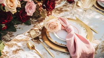 AI generated Wedding and event celebration tablescape with flowers, formal dinner table setting with roses and wine, elegant floral table decor for dinner party and holiday decoration, home styling photo