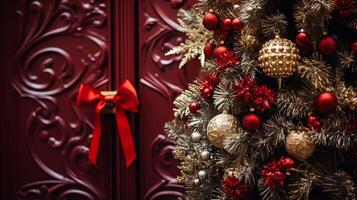 ai generado Navidad decoración detalles en Inglés estilizado lujo alto calle ciudad Tienda puerta o compras ventana mostrar, fiesta rebaja y tienda decoración foto