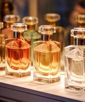 AI generated Luxury fragrance bottles at perfume scent at presentation event, bespoke perfumery and beauty product sale, generative ai photo