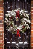 AI generated Christmas holiday, country cottage and snowing winter, wreath decoration on a door, Merry Christmas and Happy Holidays wishes, generative ai photo