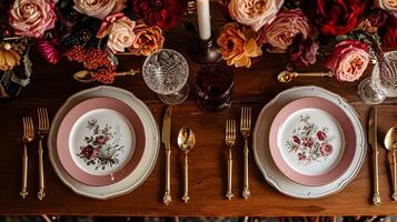 ai generado san valentin día paisaje de mesa y mesa decoración, romántico mesa ajuste con flores, formal cena y fecha, hermosa cuchillería y vajilla foto