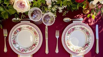 ai generado san valentin día paisaje de mesa y mesa decoración, romántico mesa ajuste con flores, formal cena y fecha, hermosa cuchillería y vajilla foto