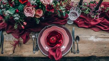 ai generado san valentin día paisaje de mesa y mesa decoración, romántico mesa ajuste con flores, formal cena y fecha, hermosa cuchillería y vajilla foto