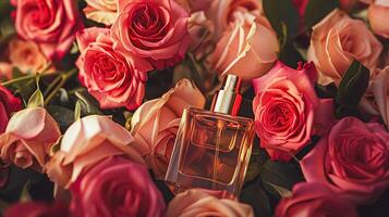 AI generated Perfume bottle in flowers, fragrance on blooming background, floral scent and cosmetic product photo