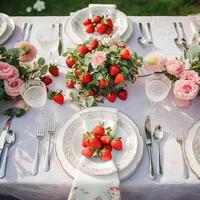 AI generated Country tablescape, formal dinner table setting, table scape with strawberry decoration for wedding party and holiday event celebration, generative ai photo