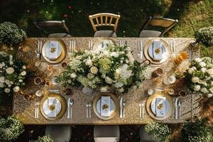 ai generado fiesta paisaje de mesa, dorado formal cena mesa configuración, mesa bohordo con oro decoración para Boda fiesta y evento celebracion, generativo ai foto