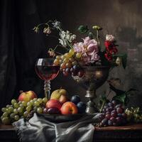 imperial todavía vida, presentando un vaso de rojo vino, un generosidad de Fresco fruta, y un clásico florero desbordante con flores foto