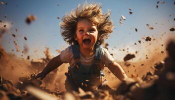 ai generado sonriente niños jugando en naturaleza, disfrutando despreocupado verano generado por ai foto