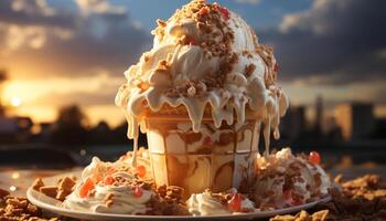 ai generado indulgente postre en un Nevado invierno mesa generado por ai foto